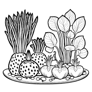 Kreative Lotuswurzel unter bunten Früchten Ausmalbild für neugierige Gartenforscher