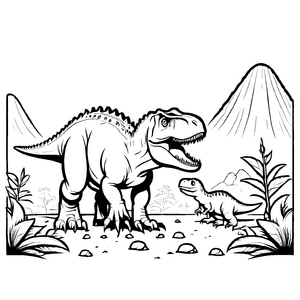 Abenteuerlicher Tyrannosaurus Rex mit Baby-Dinosaurier Ausmalvorlage für kleine Dino-Fans auf Entdeckungsreise