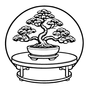 Stilvoller runder Tisch mit bonsai umgeben von Äpfeln Ausmalbild für fantasievolle Naturfreunde und kleine Kunstschaffende