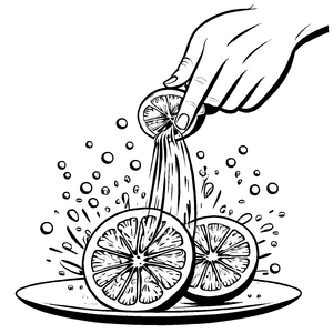Spritzige Grapefruit-Hälften unter Wasserstrahlen Ausmalbild für fantasievolle Fruchtexperten
