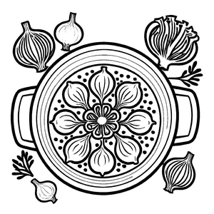 Leckere Zwiebeln umgeben von Knoblauch Ausmalmotiv für kleine Gourmet-Künstler