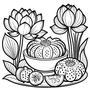 Lotuswurzel mit bunten Früchten und Blättern Ausmalbild für kreative Köpfe