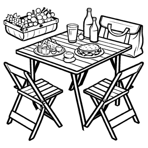 Bezaubernder Klapptisch mit köstlichem Picknickausblick Ausmalmotiv für kleine Genussentdecker