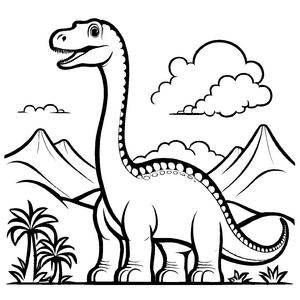 Bezaubernder Diplodocus vor beeindruckenden Bergen Ausmalvorlage für kleine Traumfänger