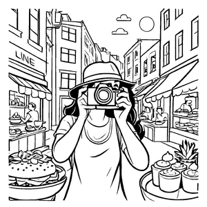 Begeisterte Fotografin mit Kamera vor bunten Läden Ausmalbild für kreative Entdeckerinnen