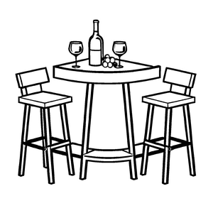 Weißer Ecktisch mit fröhlichen Stühlen und Wein Malvorlage für neugierige Genießer