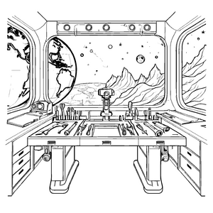 Futuristischer Werkstatttisch mit intergalaktischen Zubehör Ausmalbild für neugierige Astronauten und kreative Weltraumforscher
