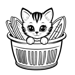 Niedliche Katze in einem bunten Wäschekorb Ausmalvorlage für kleine Meisterkünstler