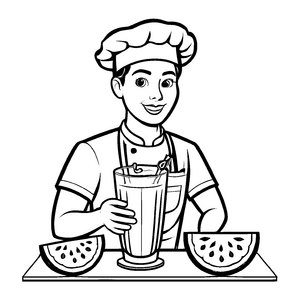 Kreativer Koch mit spritzigen Wassermelonen-Smoothies Ausmalbild für fantasievolle Saftliebhaber