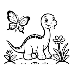 Schillernder Diplodocus neben zauberhaftem Schmetterling Ausmalmotiv für neugierige Naturentdecker