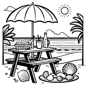 Einladender Picknicktisch mit erfrischenden Drinks und Leckerbissen Ausmalbild für sonnige Strandabenteurer