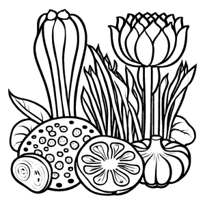 Frohsinnige Lotuswurzel umgeben von leuchtenden Früchten Malvorlage für kleine Schöpfer mit großen Träumen