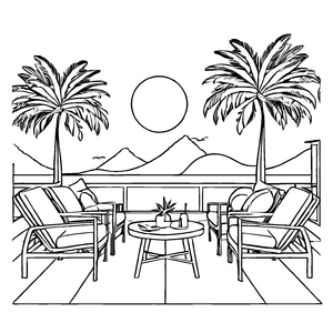 Einladende Terrasse mit Tisch und bequemen Stühlen Ausmalbild für kleine Kunstfreunde