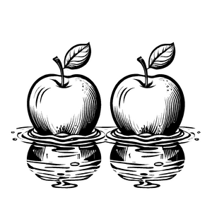 Zwei erfrischende Äpfel in einem kleinen Teich Ausmalvorlage für neugierige Wasserabenteurer