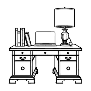 Einladender Schreibtisch mit Laptop und Bücherstapel Malvorlage für junge Kreativlinge