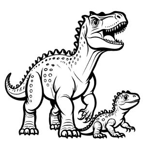 Entzückender Carnotaurus mit winzigem Dino-Nachwuchs Ausmalbild für kleine Dino-Fans
