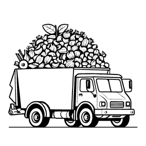 Fruchtgefüllter Müllwagen auf abenteuerlicher Fahrt Ausmalbild für neugierige Obstentdecker