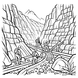 Fleißige Geologen am Gleis mit großen Steinen Ausmalvorlage für neugierige Entdecker von Naturgeheimnissen