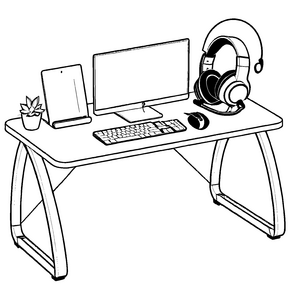 Abenteuerlicher Gaming-Tisch mit Headset und Pflanzen Malvorlage für begeisterte Technik-Tüftler