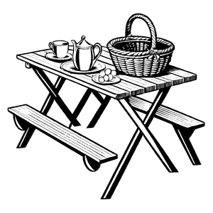 Bezaubernder Picknicktisch mit Köstlichkeiten und Teeservice Ausmalmotiv für abenteuerlustige Feinschmecker