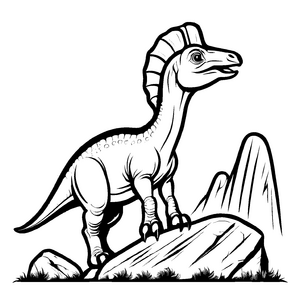 Abenteuerlicher Parasaurolophus auf einem großen Stein Ausmalbild für kleine Entdecker und Dino-Fans