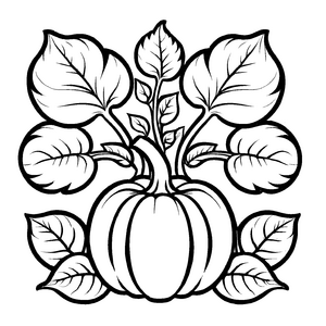 Schöner Kürbis umgeben von großen Blättern Ausmalvorlage für fantasievolle Gartenkinder