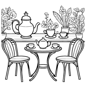 Detailreiches Gartentische-Malbild für spannende Malzeit
