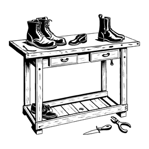 Faszination Werkstatttisch mit verschiedenen Schuhen und Werkzeugen Ausmalvorlage für kreative Schuhmacher-Enthusiasten