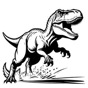 Dynamischer Tyrannosaurus Rex mit geöffnetem Maul Ausmalvorlage für abenteuerlustige Dino-Jäger