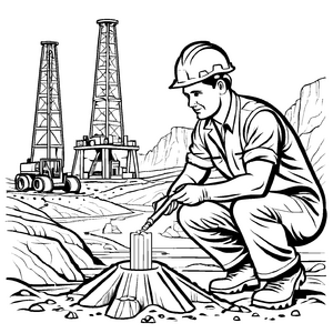 Wagemutiger Geologe mit Bohrgerät in kurvenreicher Landschaft Malvorlage für neugierige Forscher und kleine Abenteurer