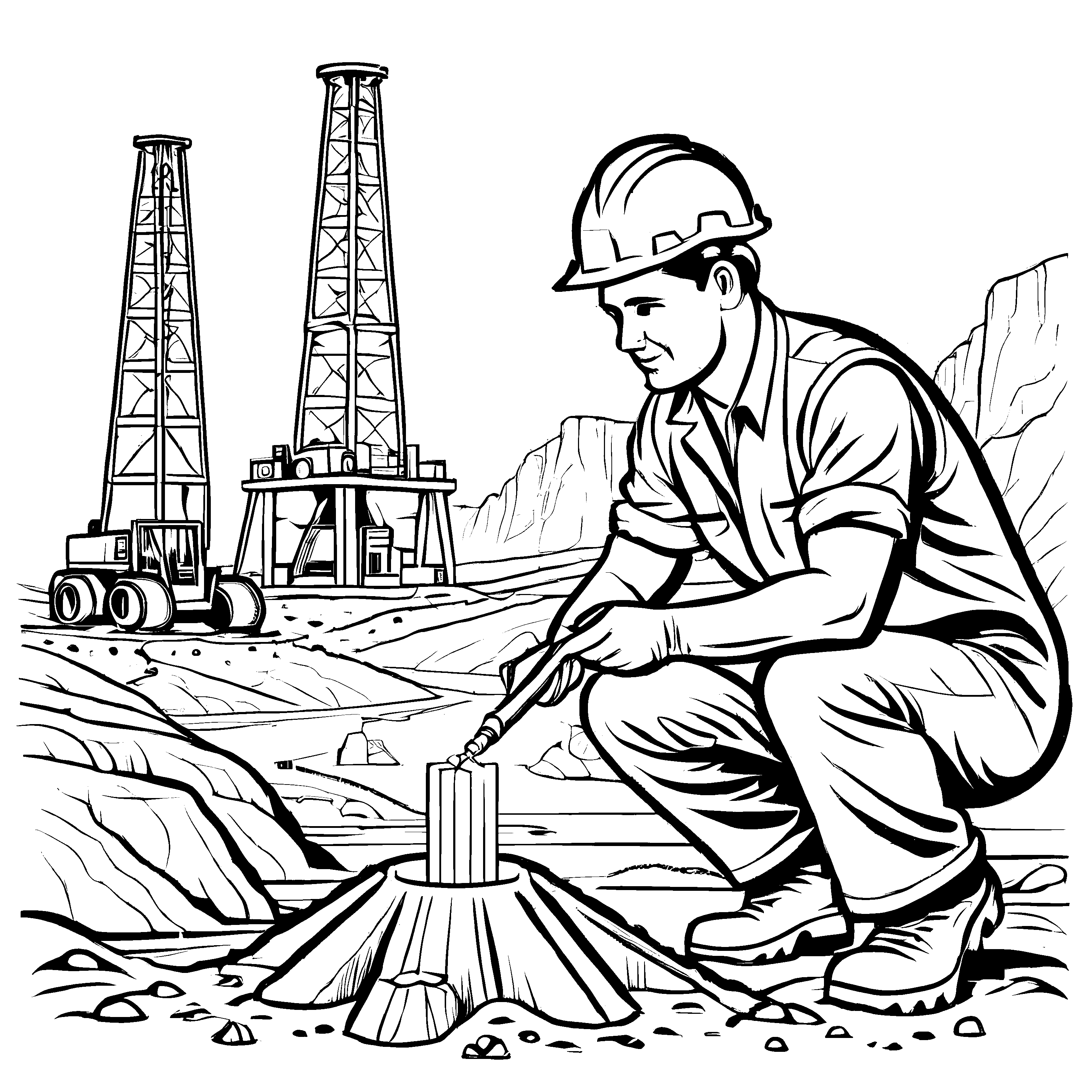 Wagemutiger Geologe mit Bohrgerät in kurvenreicher Landschaft Malvorlage für neugierige Forscher und kleine Abenteurer