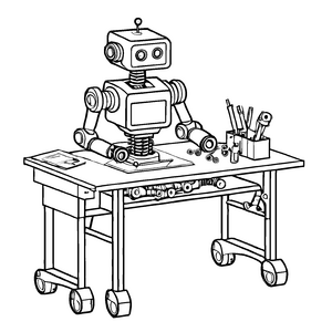 Innovativer Roboter am bunten Werkstattplatz Malvorlage für kleine Technikzauberer