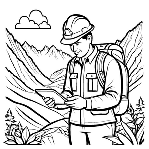 Abenteuerlicher Geologe mit Tablet in den Bergen Ausmalbild für neugierige Naturfreunde mit Forscherlust