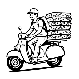 Kreatives Moped mit fantasievoller Pizza-Ladung Ausmalbild für neugierige Künstler