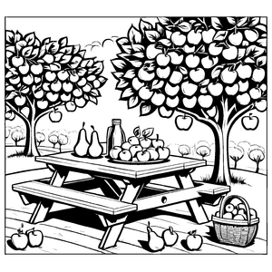 Verführerischer Picknicktisch mit saftigen Äpfeln und schattigen Bäumen Ausmalbild für kleine Naturforscher