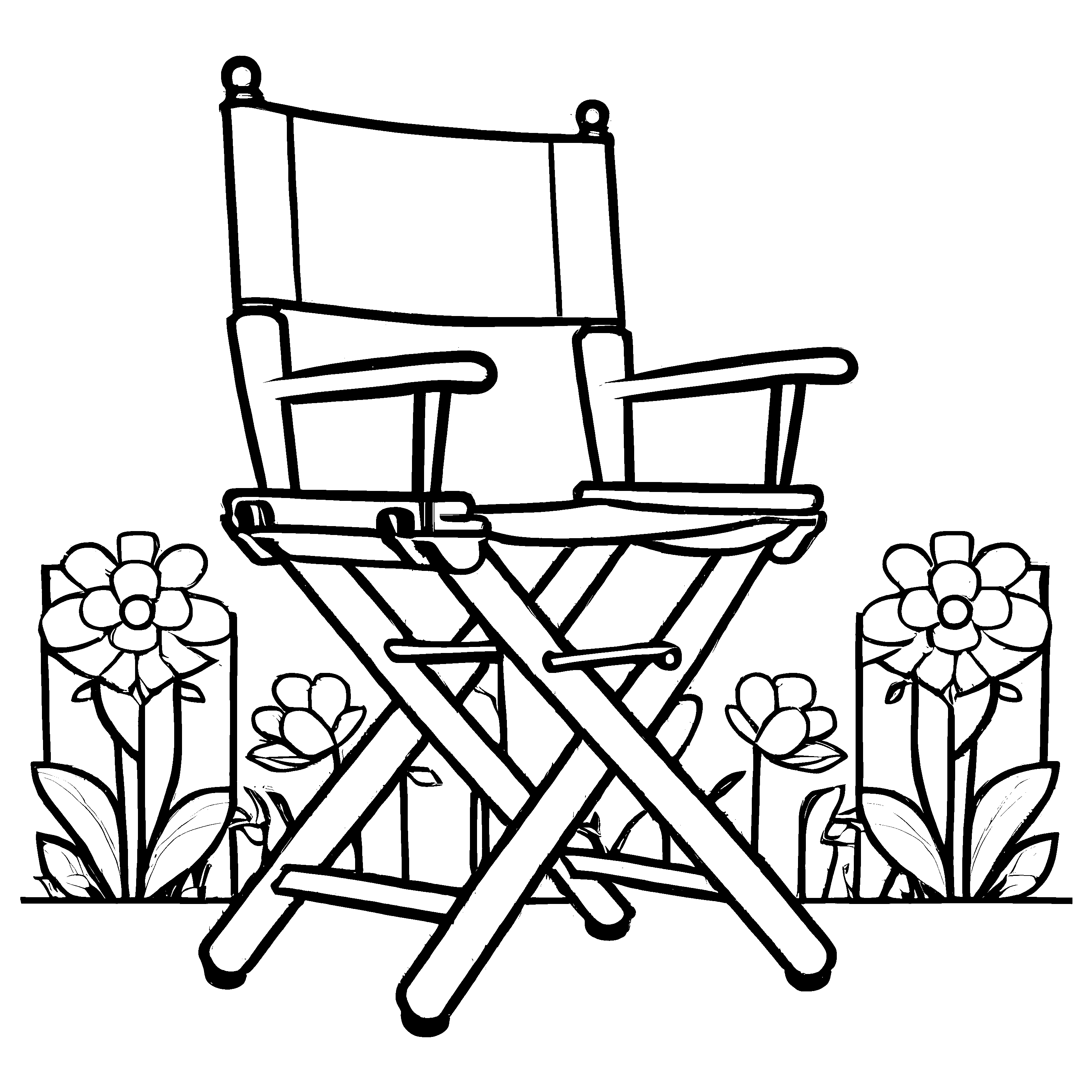 Fantasievoller Regiestuhl neben blühenden Pflanzen Ausmalbild für träumerische Schauspieler