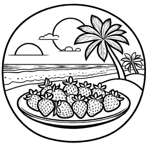 Bezaubernde Erdbeere in tropischem Ambiente Ausmalbild für kleine Strandfans