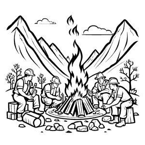 Gruppe fröhlicher Goldgräber am Lagerfeuer Malvorlage für abenteuerlustige Entdecker