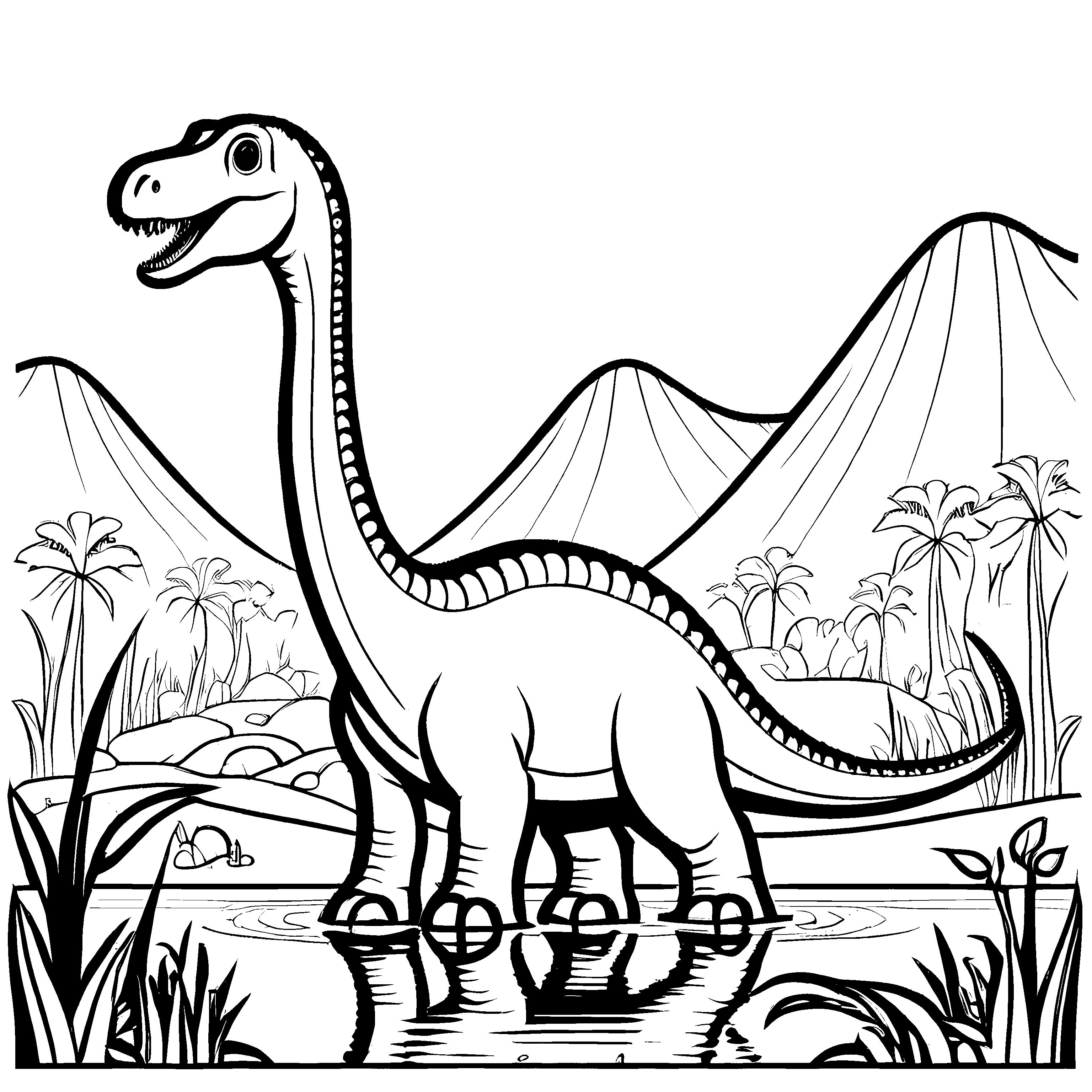 Faszinierender Diplodocus am ruhigen Wasserlauf Ausmalbild für kleine Entdecker in Dinosaurier-Laune