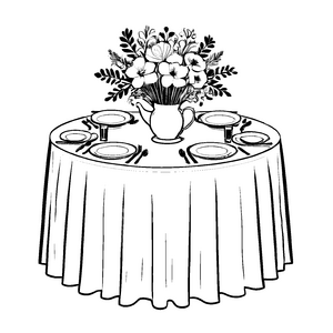 Blumiger runder Tisch mit eleganter Tischdecke Ausmalvorlage für hungrige Künstler und kleine Feinschmecker