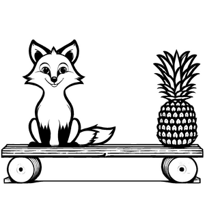 Niedlicher Fuchs auf Skateboard mit frischer Ananas Ausmalmotiv für kreative Entdeckerfreunde
