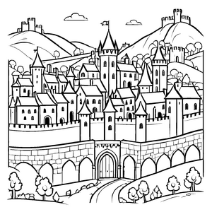 Majestätisches Schloss mit Türmen und Brücke Malvorlage für fantasievolle Burgentdecker