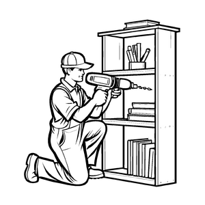 Neugieriger Handwerker mit Bohrmaschine am Bücherregal Malvorlage für fantasievolle Entdecker