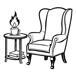 Gemütlicher Lounge-Sessel neben Tisch mit Buch Malvorlage für entspannte Entdecker