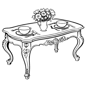 Antiker Tisch mit zwei Tassen und Blumenvasen Ausmalmotiv für fantasievolle Kaffeeklatscher