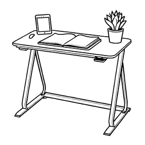 Beeindruckender Schreibtisch mit Laptop und grünem Pflanzentopf Ausmalvorlage für kleine Erfinder voller Ideen