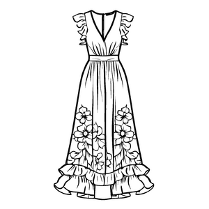 Aufregendes Blumenkleid mit frischen Rüschen Ausmalbild für kleine Fashionistas