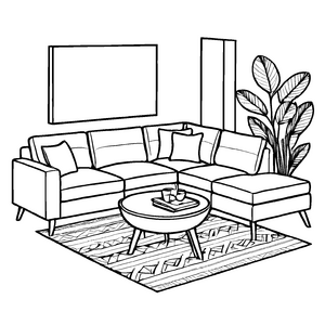 Helles Ecksofa mit stilvollem Couchtisch Ausmalbild für kleine Wohnungskünstler