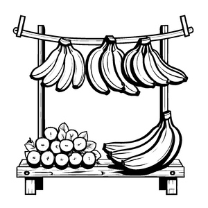 Hängende Bananen neben knallroten Äpfeln Ausmalmotiv für fantasievolle Früchtefans