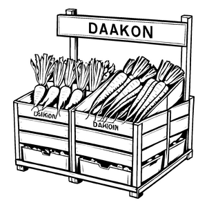 Witziger Daikon-Rettich mit vielen bunten Karotten Ausmalmotiv für neugierige Gemüseliebhaber